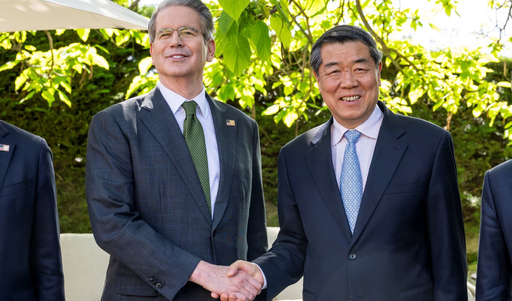 U.S. Secretary of the Treasury Scott Bessent shakes hands with Chinese Vice Premier He Lifeng during the bilateral meeting between the U.S. and China, in Geneva, Switzerland, on May 11, 2025.